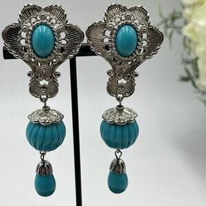 Jose Maria Barrera For Avon Signed Faux Turquoise Etruscan Revival Clip Earrings